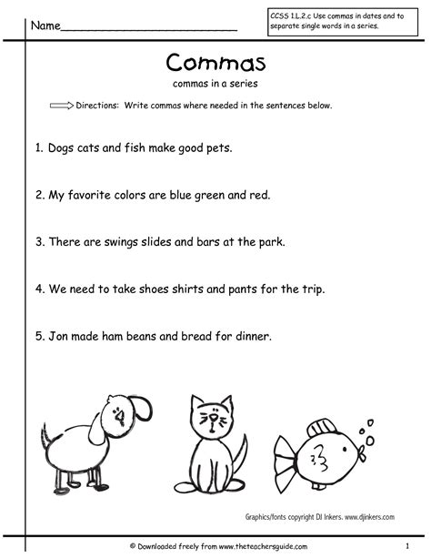 Commas First Grade Worksheet   First Grade Grade 1 Commas Questions For Tests - Commas First Grade Worksheet