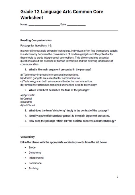 Common Core Language Arts Worksheets