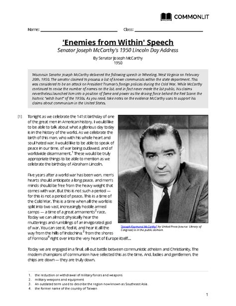 Commonlit Enemies From Within Speech Answer Key