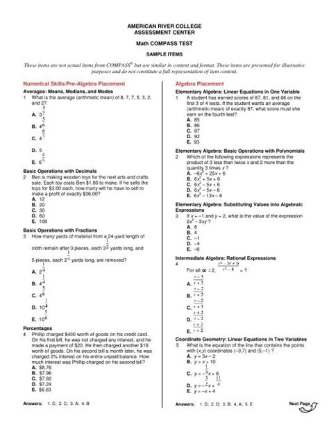 Community College Math Placement Test Study Guide