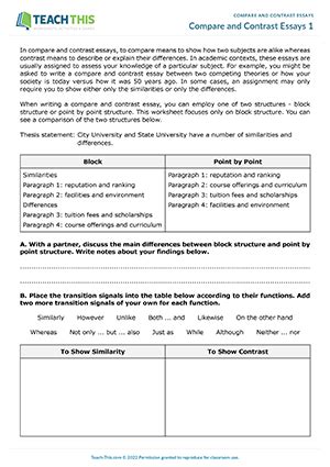 Compare And Contrast Essays Eap Worksheets Teach This Comparison And Contrast Paragraph Exercises - Comparison And Contrast Paragraph Exercises