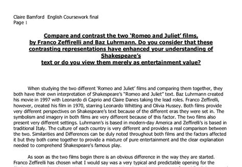 Compare And Contrast Romeo And Juliet Essay Term Romeo And Juliet Movie Comparison Worksheet - Romeo And Juliet Movie Comparison Worksheet
