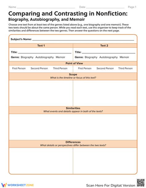 comparing biography and autobiography worksheet