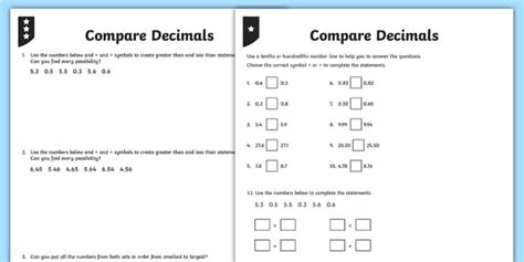 Comparing Decimals Ks2 Differentiated Worksheets Maths Twinkl Compare Decimals Worksheet - Compare Decimals Worksheet