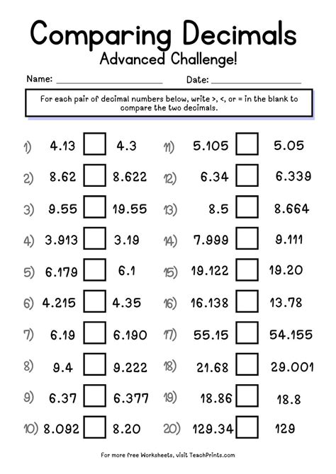 Comparing Decimals Worksheet