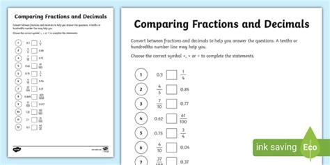 Comparing Fractions And Decimals Teacher Made Twinkl Compare Decimals And Fractions - Compare Decimals And Fractions