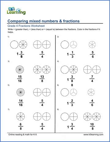Comparing Fractions And Mixed Numbers K5 Learning Comparing Improper Fractions - Comparing Improper Fractions