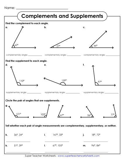 Complementary And Supplementary Angles Worksheets