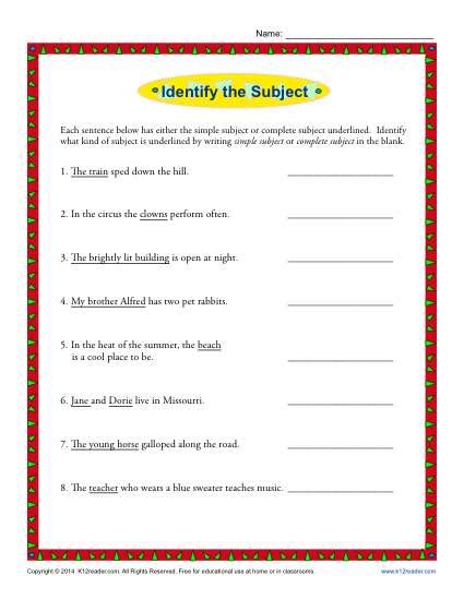 Complete And Simple Subjects Worksheets Identify The Subject Worksheet - Identify The Subject Worksheet