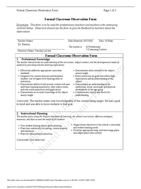 Completed Formal Classroom Observation Form