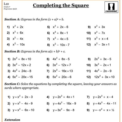 Completing The Square Worksheet Fun And Engaging Algebra Algebra Completing The Square Worksheet - Algebra Completing The Square Worksheet