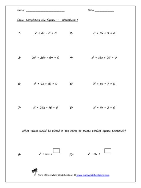 Completing The Square Worksheet Pdf With Answer Key Solving By Completing The Square Worksheet - Solving By Completing The Square Worksheet