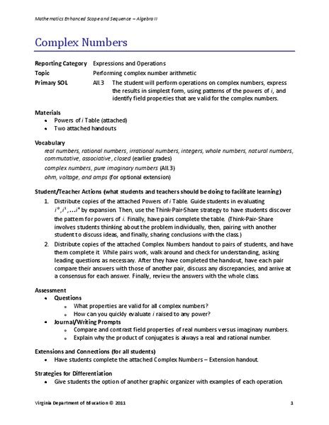 Complex Numbers Lesson Plan For 10th 12th Grade Complex Numbers Worksheet 10th Grade - Complex Numbers Worksheet 10th Grade