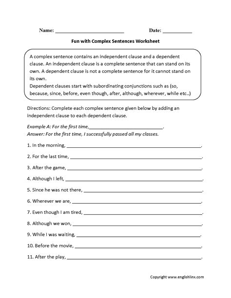 Complex Sentence Structure 21 Worksheets With Answers Writing Complex Sentences Worksheet - Writing Complex Sentences Worksheet