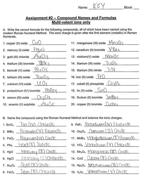 Compound Names And Formulas Answer Key