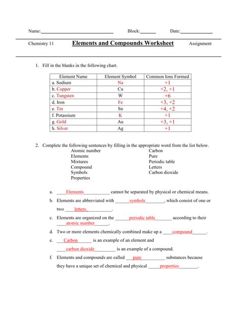 Compounds And Elements Worksheet   Elements And Compounds Worksheet - Compounds And Elements Worksheet