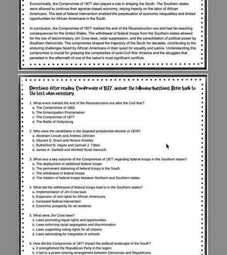 Compromise Of 1877 Reading Passage With Standards Based Compromise 1877 5th Grade Worksheet - Compromise 1877 5th Grade Worksheet