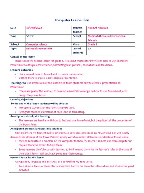 Computer Lesson Plan For B Ed