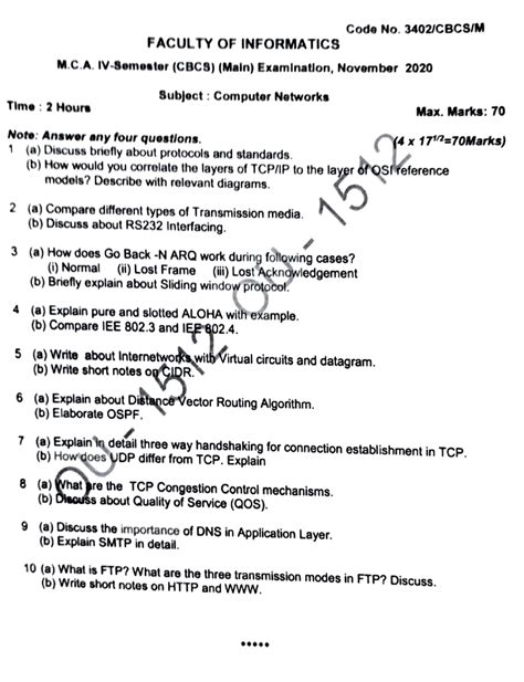 computer network 3rd sem question paper mca