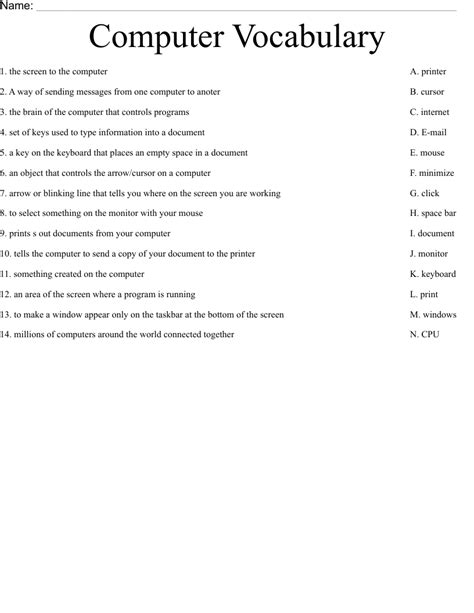 Computer Vocabulary Worksheet Wordmint Matching Vocabulary Worksheet - Matching Vocabulary Worksheet