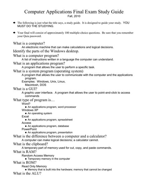 Download Computer Applications Final Exam Study Guide 