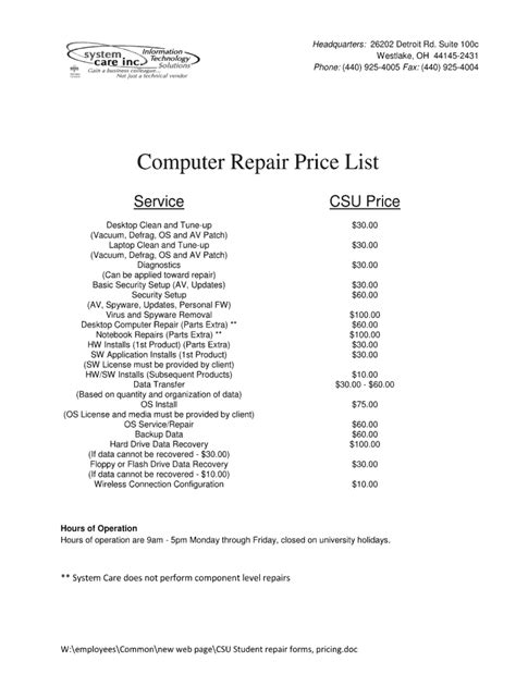 Read Computer Repair Price Guide 