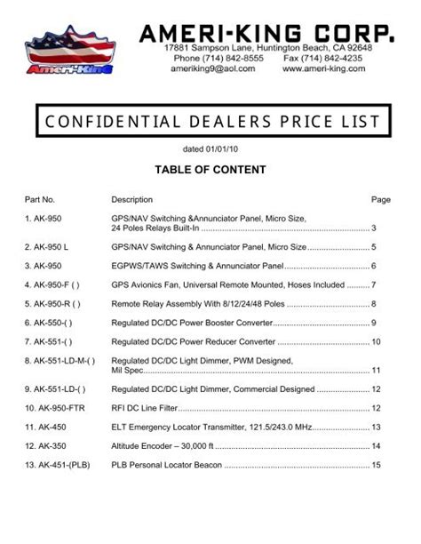 Confidential Dealer Price List Ameri King