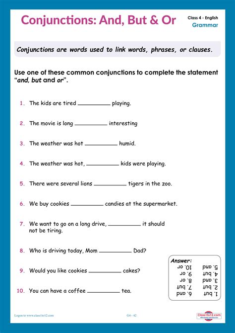 Conjunction Worksheet For Class 4
