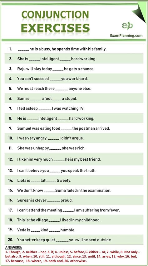 Conjunctions Exercises With Answers