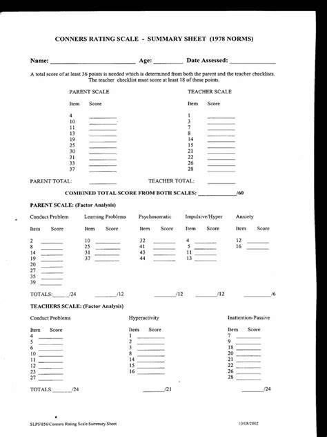 Conners Rating Scale Scoring Template Bxsxfsct