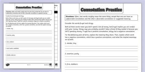 Connotation Practice Activity For 6th 8th Grade Twinkl Connotation 8th Grade Worksheet - Connotation 8th Grade Worksheet