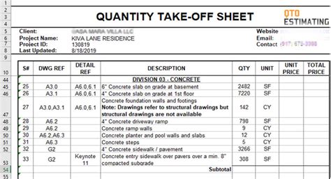Construction Material Take Off Sheet Sample Excel