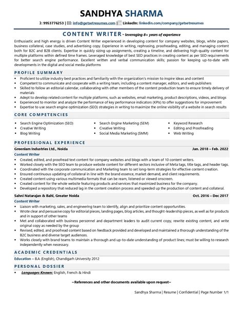 Content Writer Resume