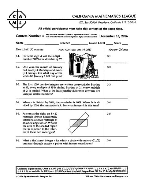 Read Online Continental Math League Practice Tests 
