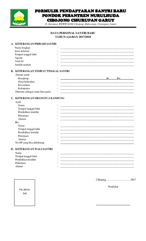 contoh formulir pendaftaran santri baru