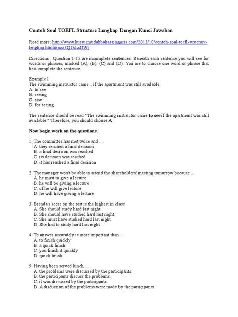 Contoh Soal Toefl Structure