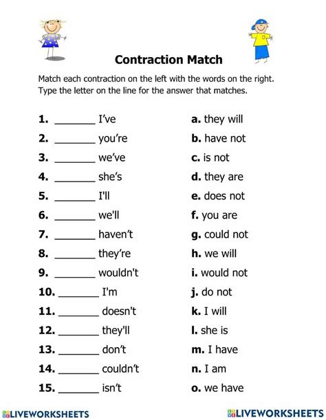 Contractions Matching Worksheet Live Worksheets Contraction Worksheet Grade 3 - Contraction Worksheet Grade 3
