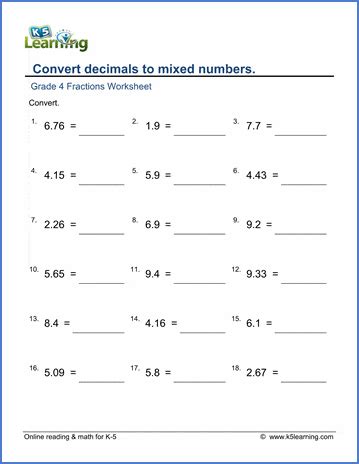 Convert Decimals To Mixed Numbers K5 Learning Mixed Number To Decimal Worksheet - Mixed Number To Decimal Worksheet