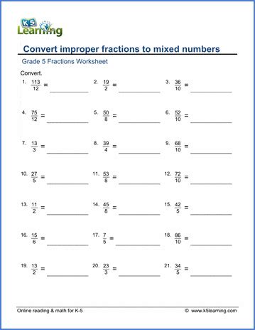 Convert Fractions To Mixed Numbers K5 Learning Writing Fractions As Mixed Numbers - Writing Fractions As Mixed Numbers