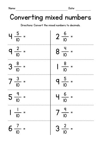 Converting Mixed Numbers To Decimals Worksheets Tes Mixed Number To Decimal Worksheet - Mixed Number To Decimal Worksheet