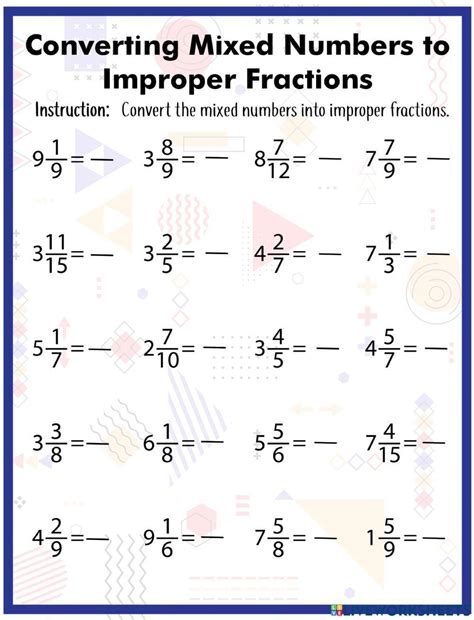 Converting Mixed Numbers To Improper Fractions Worksheet