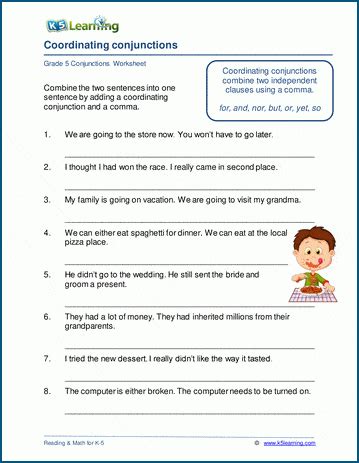 Coordinating Conjunction Worksheets For Grade 5 K5 Learning Coordinating Conjunctions Worksheet 6th Grade - Coordinating Conjunctions Worksheet 6th Grade
