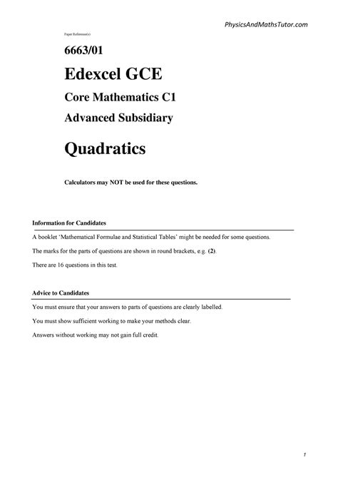 Read Online Core Mathematic C1 Paper 6663A 