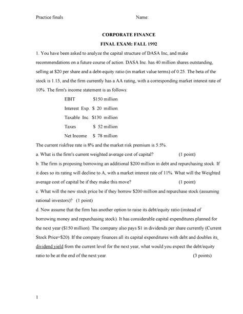 Corporate Finance Final Exam Fall 199