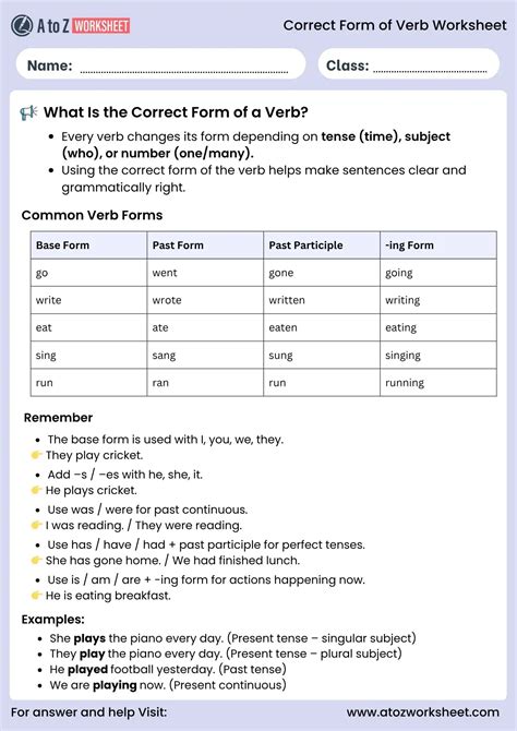Correct Form Of Verb Worksheets