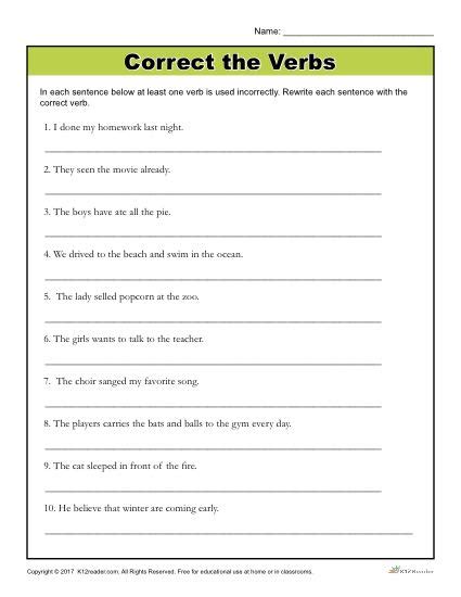 Correct The Verbs Printable 4th 6th Grade Grammar Verb Worksheets 6th Grade - Verb Worksheets 6th Grade