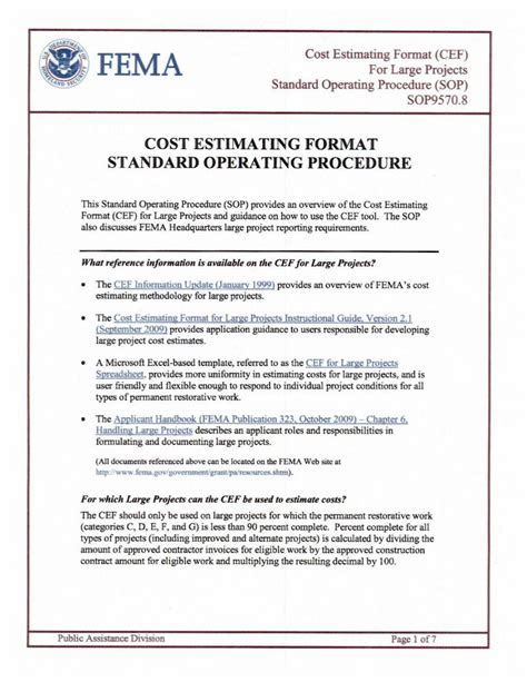 Cost Estimating Format Standard Operating Procedure Fema