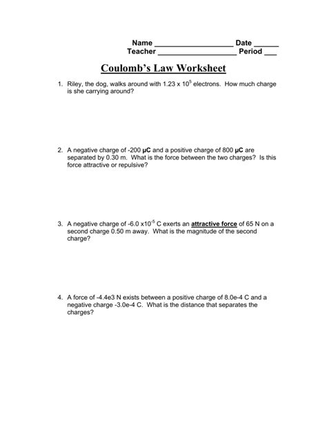 Coulomb Law Worksheet   Coulomb 039 S Law Net Electric Force Amp - Coulomb Law Worksheet