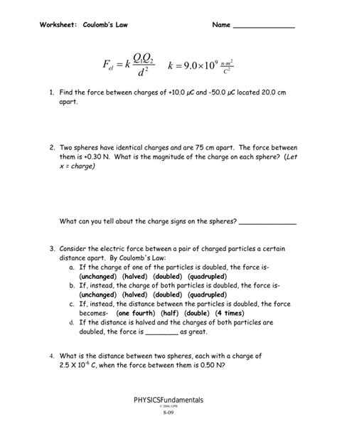 Coulombs Law Worksheet Answers 1 Studylib Net Coulombs Law Worksheet Answers - Coulombs Law Worksheet Answers