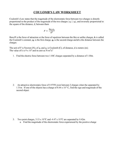 Coulombu0027s Law Worksheet Solutions Coulombs Law Worksheet - Coulombs Law Worksheet